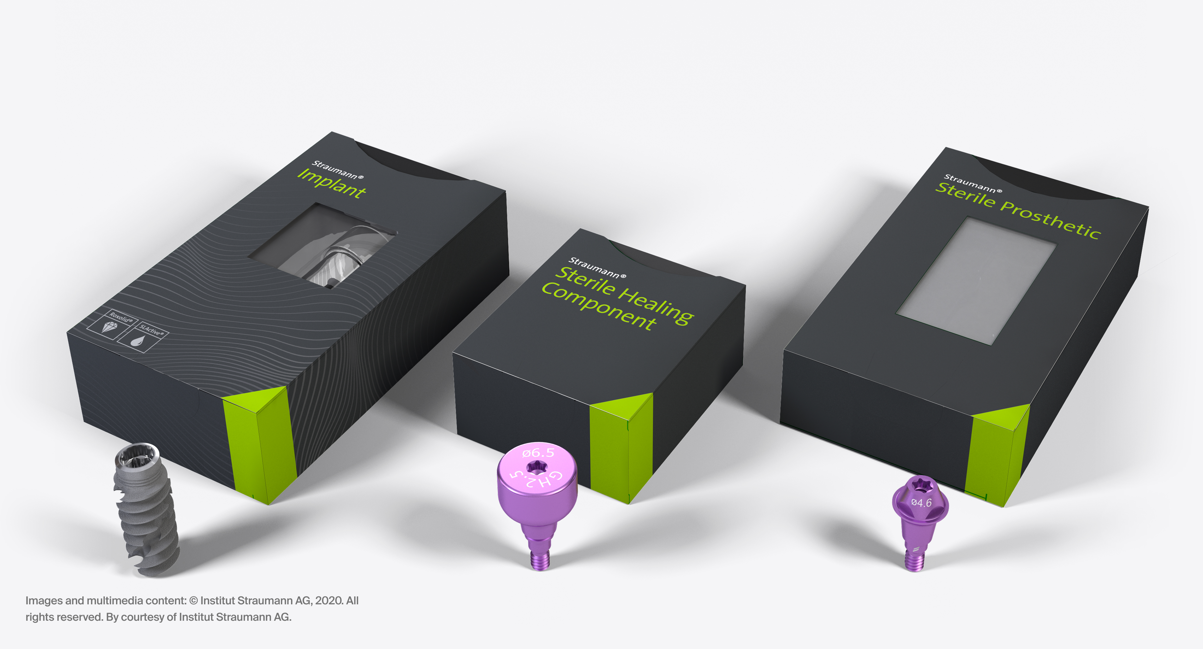 Three Straumann product boxes labeled Implant, Sterile Healing Component, and Sterile Prosthetic with corresponding dental components in front of each box on a white surface.
