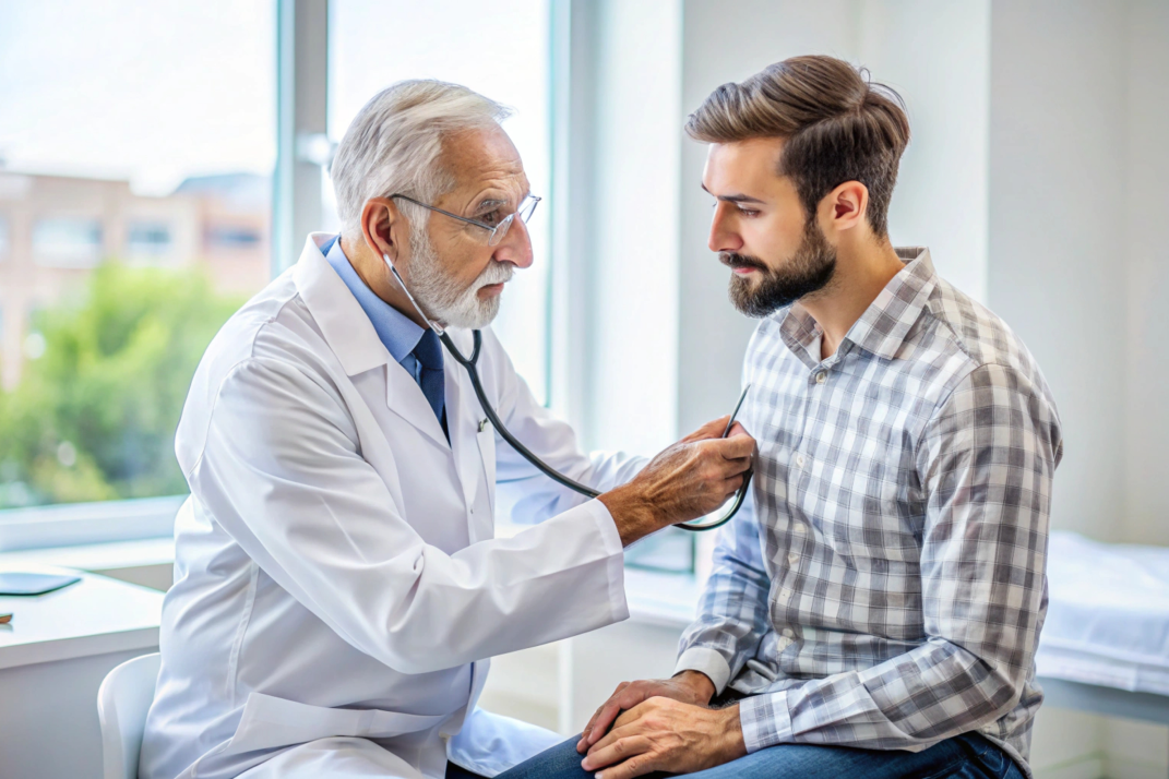 A male doctor and a male patient sitting at a table.