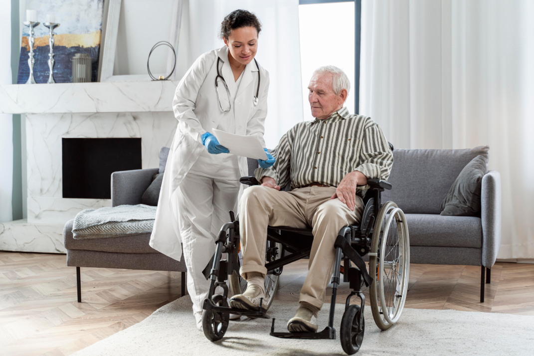 A man with a cast on his leg getting help from a doctor.