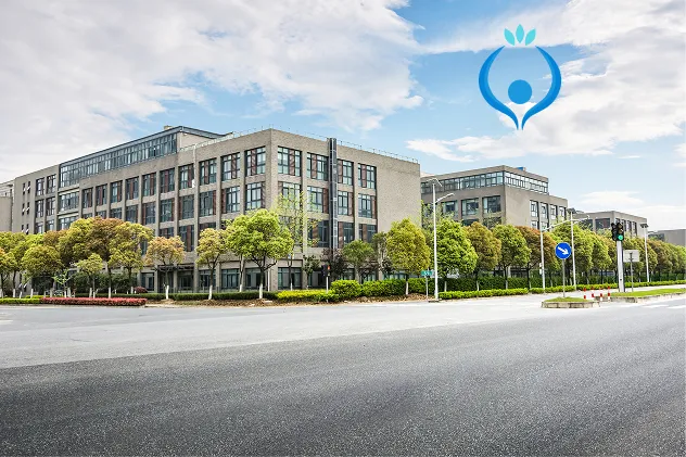 A large building with a blue logo over it.