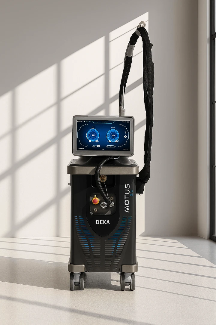 DEKA MOTUS PRO professional laser epilation machine with touchscreen control panel on wheels in a sunlit room.