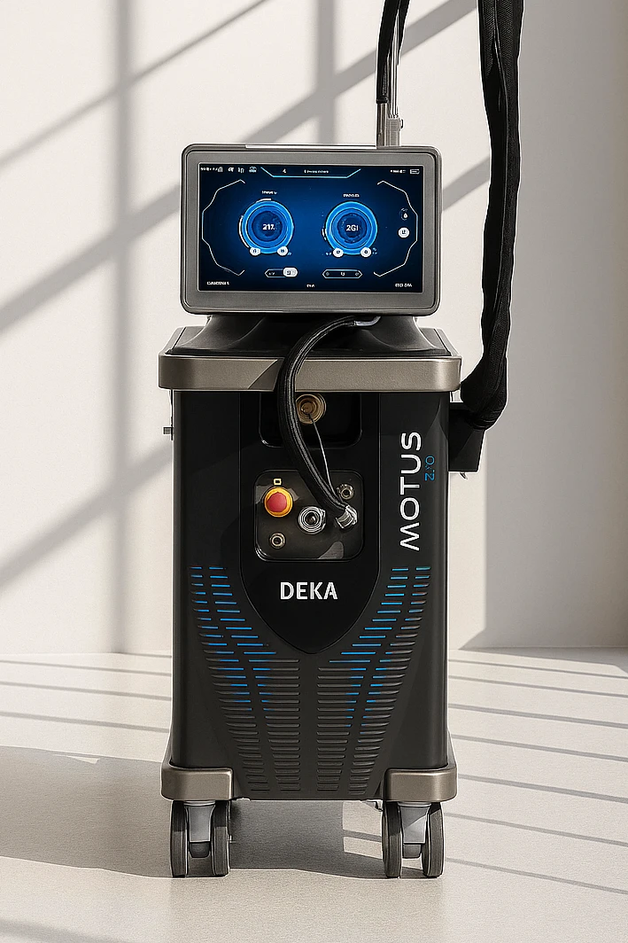 Ein DEKA Motus PRO Lasergerät zur Haarentfernung steht auf einem minimalistischen weißen Podest in einem modernen, lichtdurchfluteten Raum. Das Gerät hat ein elegantes schwarzes Design mit blauen Akzenten, einen großen Touchscreen mit Bedienoberfläche und einen nach oben führenden, umhüllten Behandlungsschlauch. Sanftes Tageslicht und Schatten von einem großen Fenster erzeugen eine stilvolle und ruhige Atmosphäre.