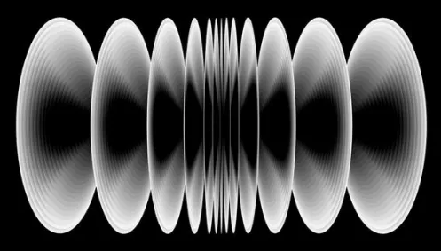 Series of overlapping white concentric oval shapes on black background creating a symmetrical abstract pattern.