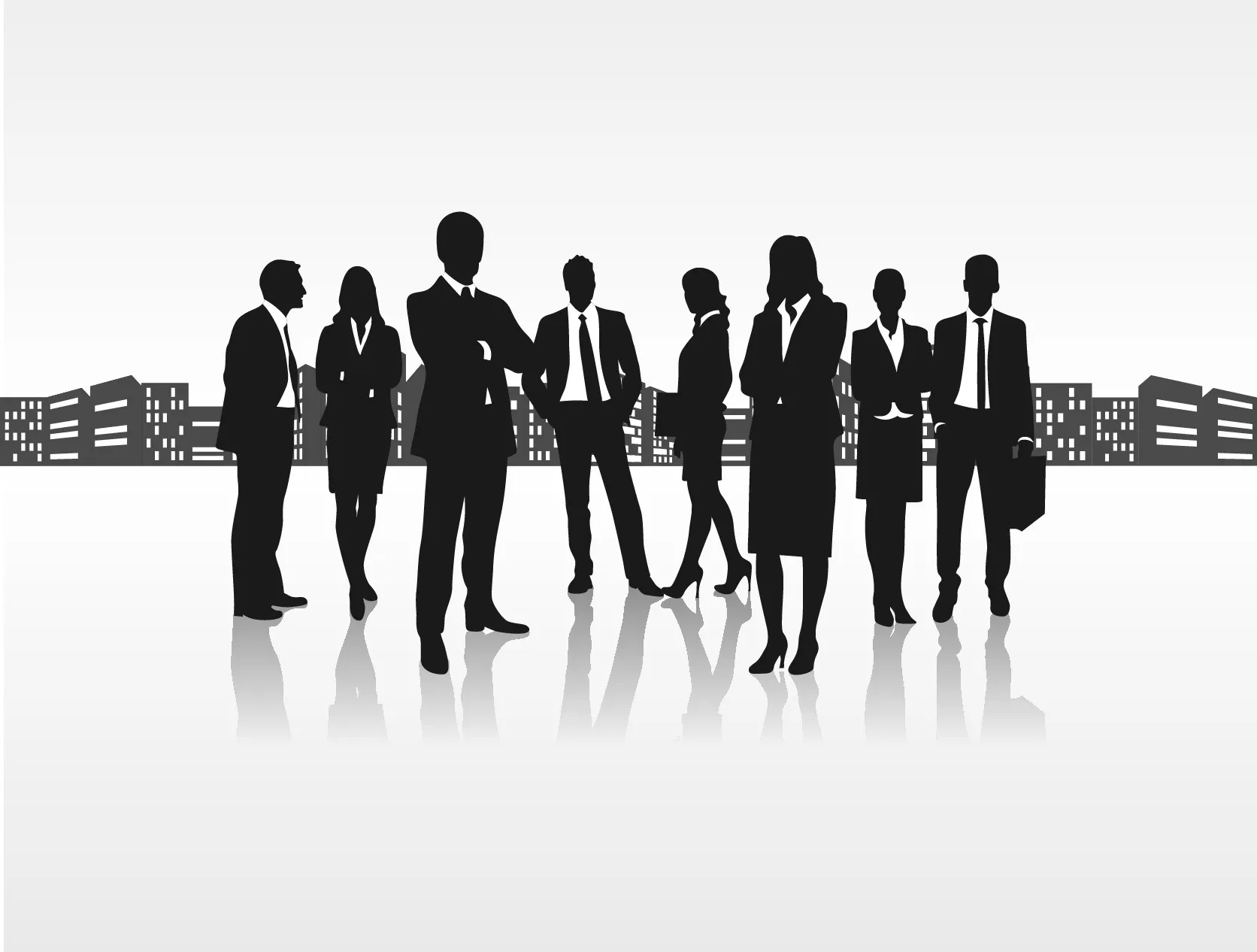 Silhouettes of eight business people standing confidently with a cityscape background.