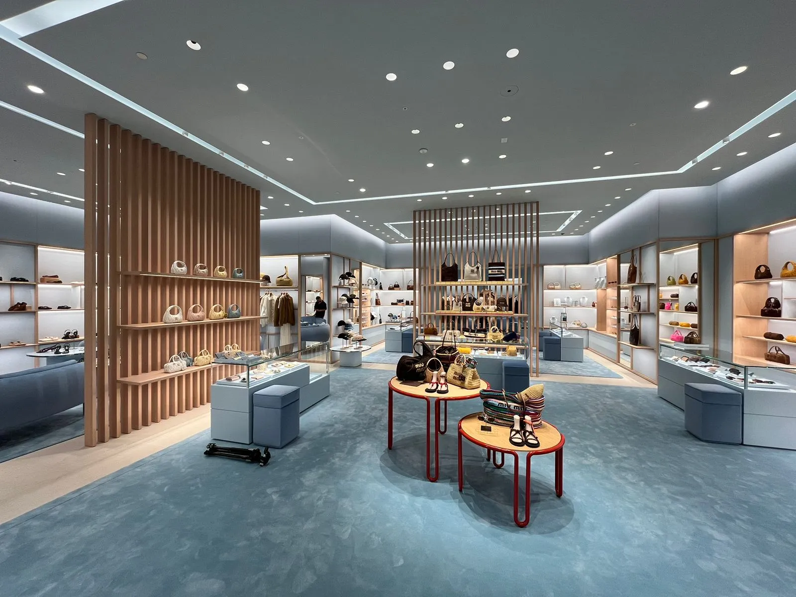 Modern retail store interior with blue carpet, wooden shelves, and tables displaying handbags and shoes.