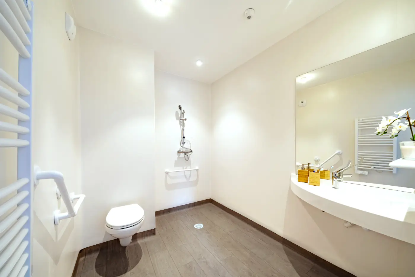 Salle d'eau accessible d'un appartement Mobicap à Blois avec WC suspendu et barre d'appui