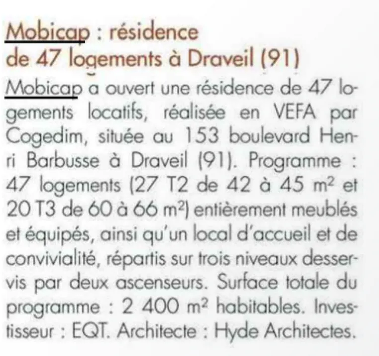 Article de La Lettre M2 consacré aux résidences Mobicap