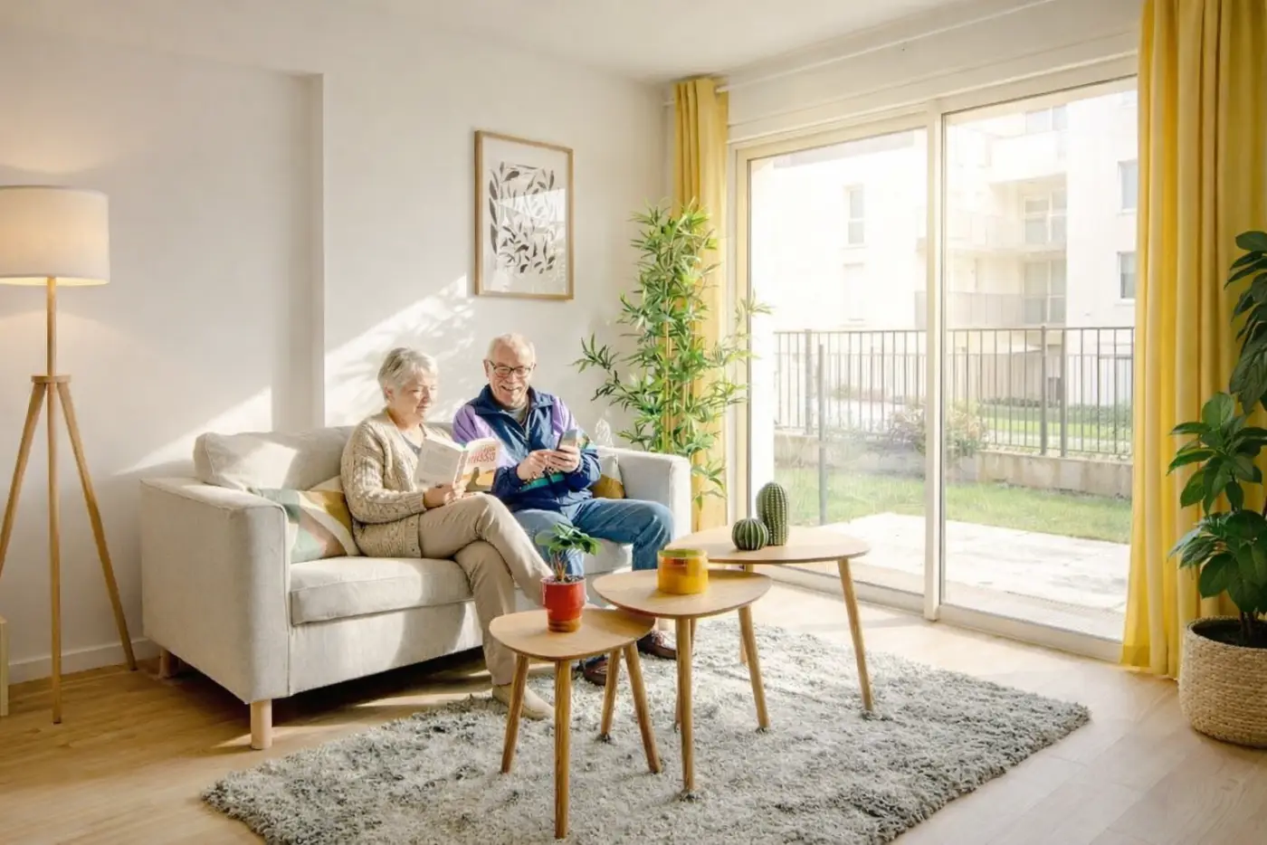 Un couple de seniors dans le salon lumineux d'un appartement Mobicap