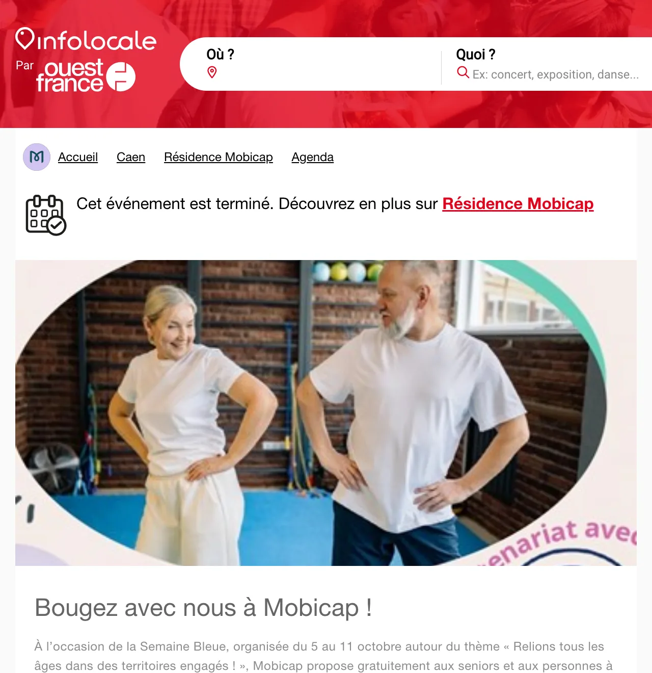 Aperçu de l'annonce Infolocale Ouest-France sur la journée Semaine Bleue de la résidence Mobicap de Caen