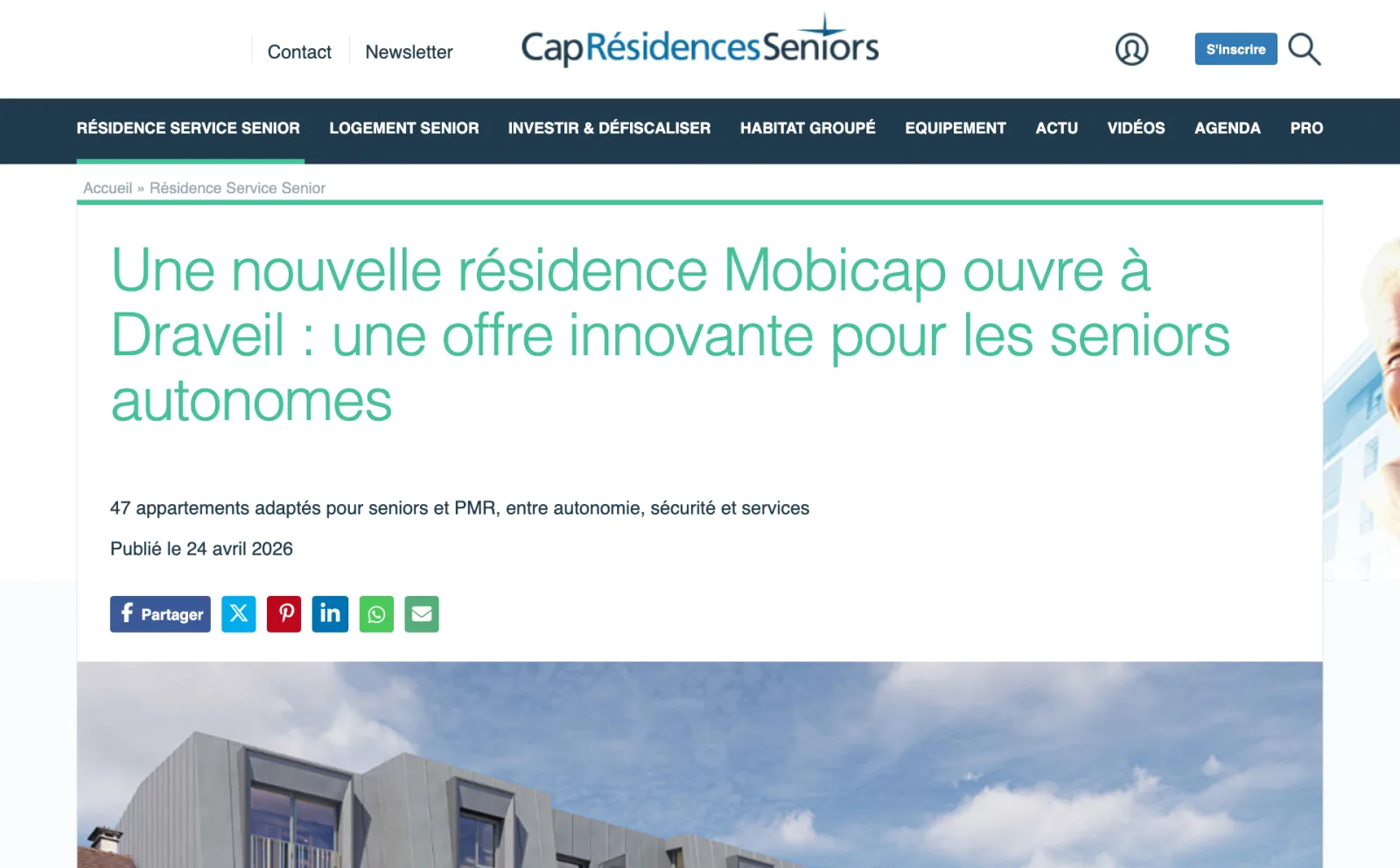 Aperçu de l'article de Cap Résidences Seniors sur la résidence Mobicap de Draveil