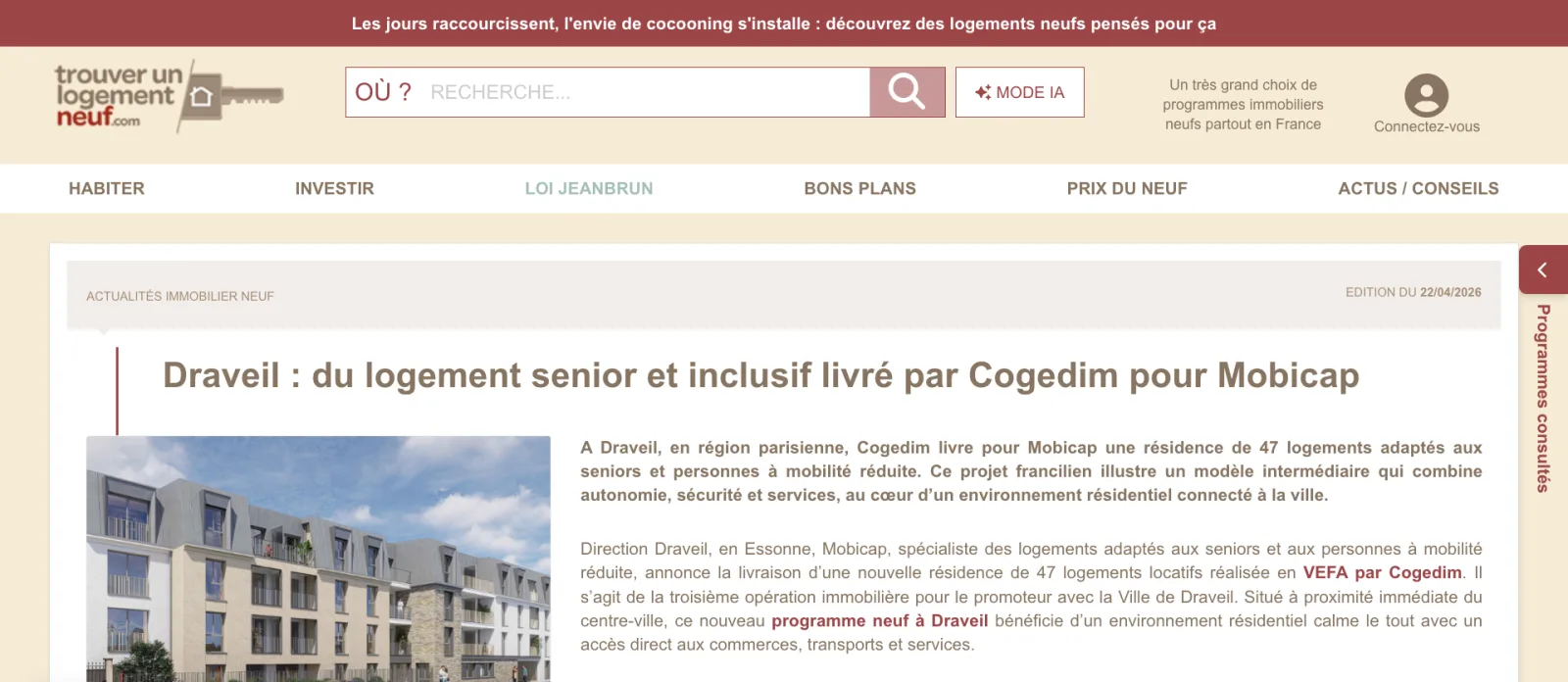 Aperçu de l'article de Trouver un logement neuf sur la résidence Mobicap de Draveil