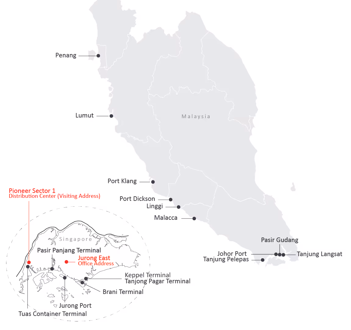 Map where Wrist Ship Supply deliver marine supplies in Singapore and Malaysia