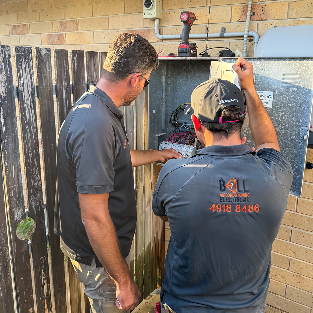 Two smiling technicians wearing black polo shirts and caps with the Bell Electrical logo stand on a rooftop beside an outdoor air conditioning unit on a sunny day.