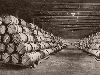Une grande cave avec des rangées de tonneaux en bois empilés sous un plafond à poutres.