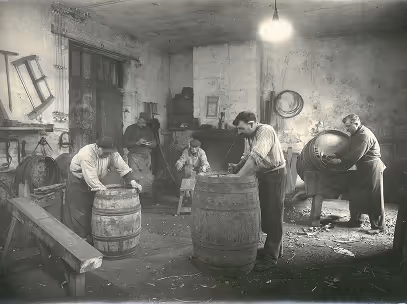Quatre hommes en tenue de travail dans un atelier ancien fabriquant des tonneaux en bois.