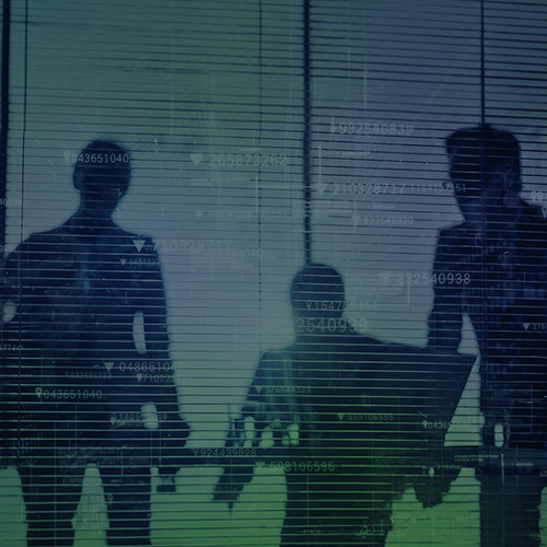 Photo illustration: a group of people in silhouette at work overlaid with technical data and a blue-to-green color fade