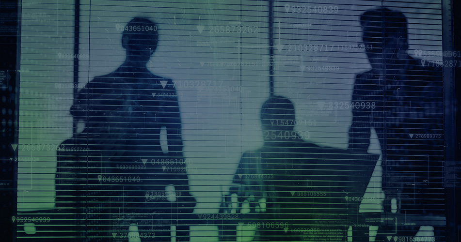 Photo illustration: a group of people in silhouette at work overlaid with technical data and a blue-to-green color fade