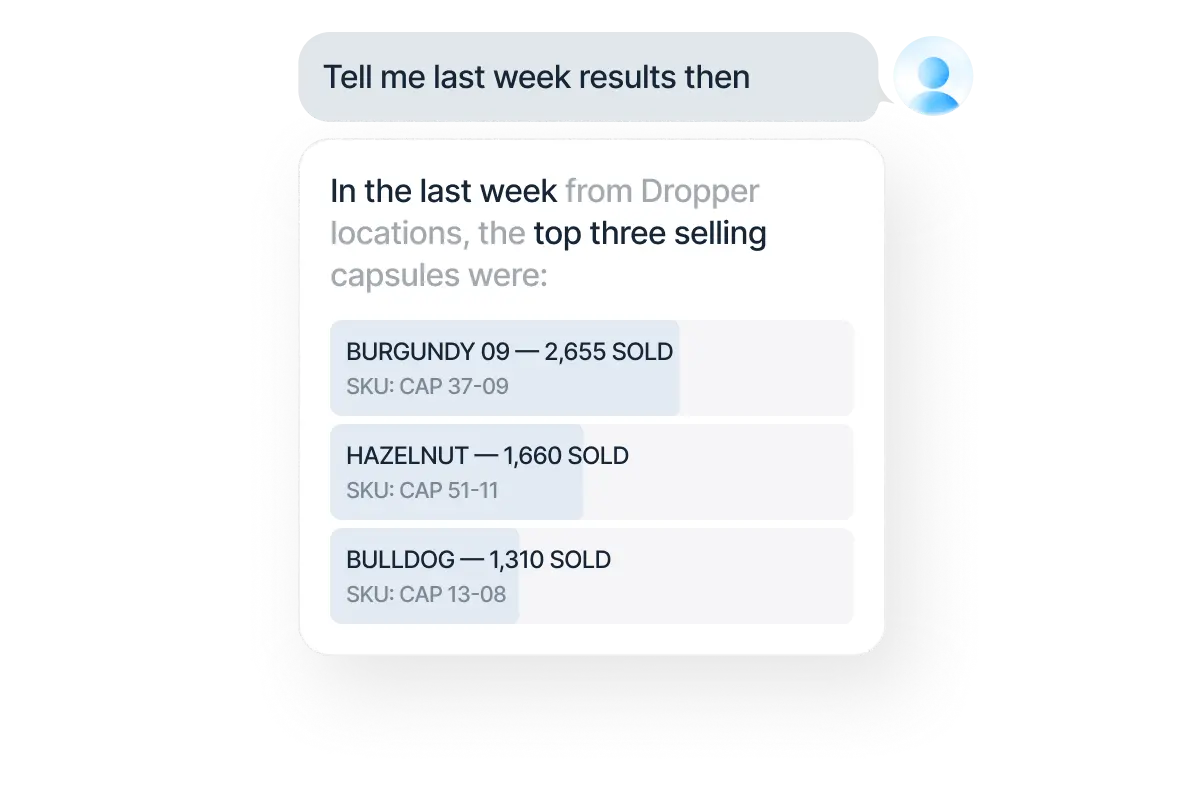 Chat response listing top three capsules sold last week: Burgundy, Hazelnut, and Bulldog