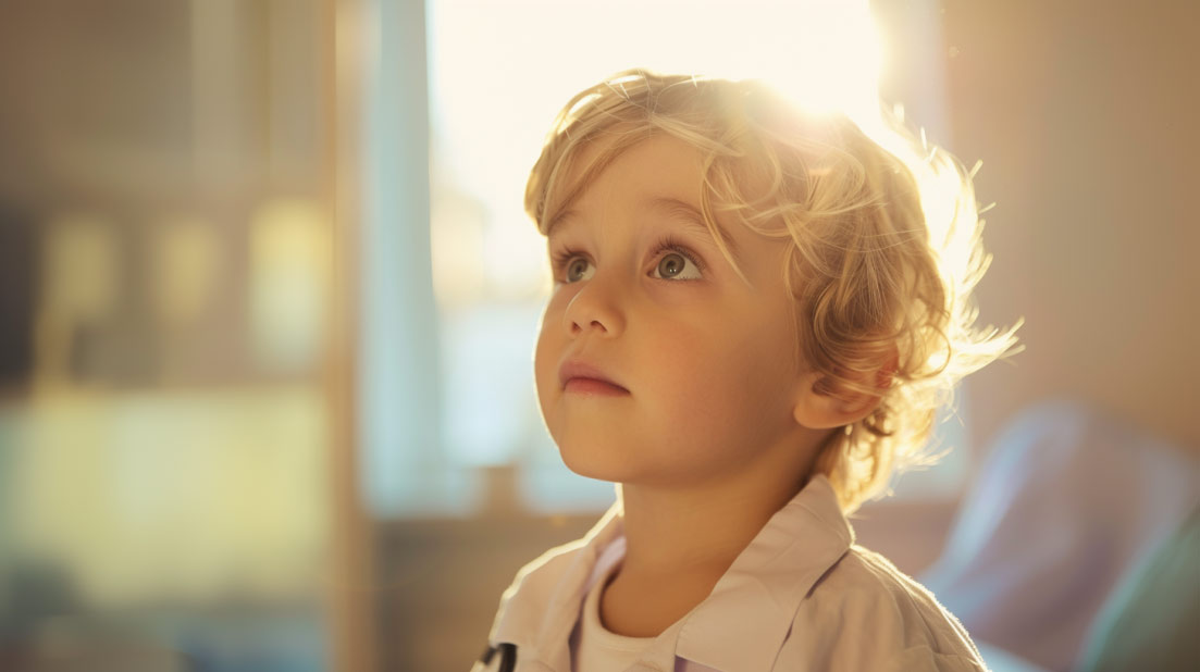 Ein kleiner Junge mit lockigem, blondem Haar schaut nach oben. Er trägt ein helles Hemd und hat einen nachdenklichen Gesichtsausdruck. Im Hintergrund ist warmes Licht sichtbar.