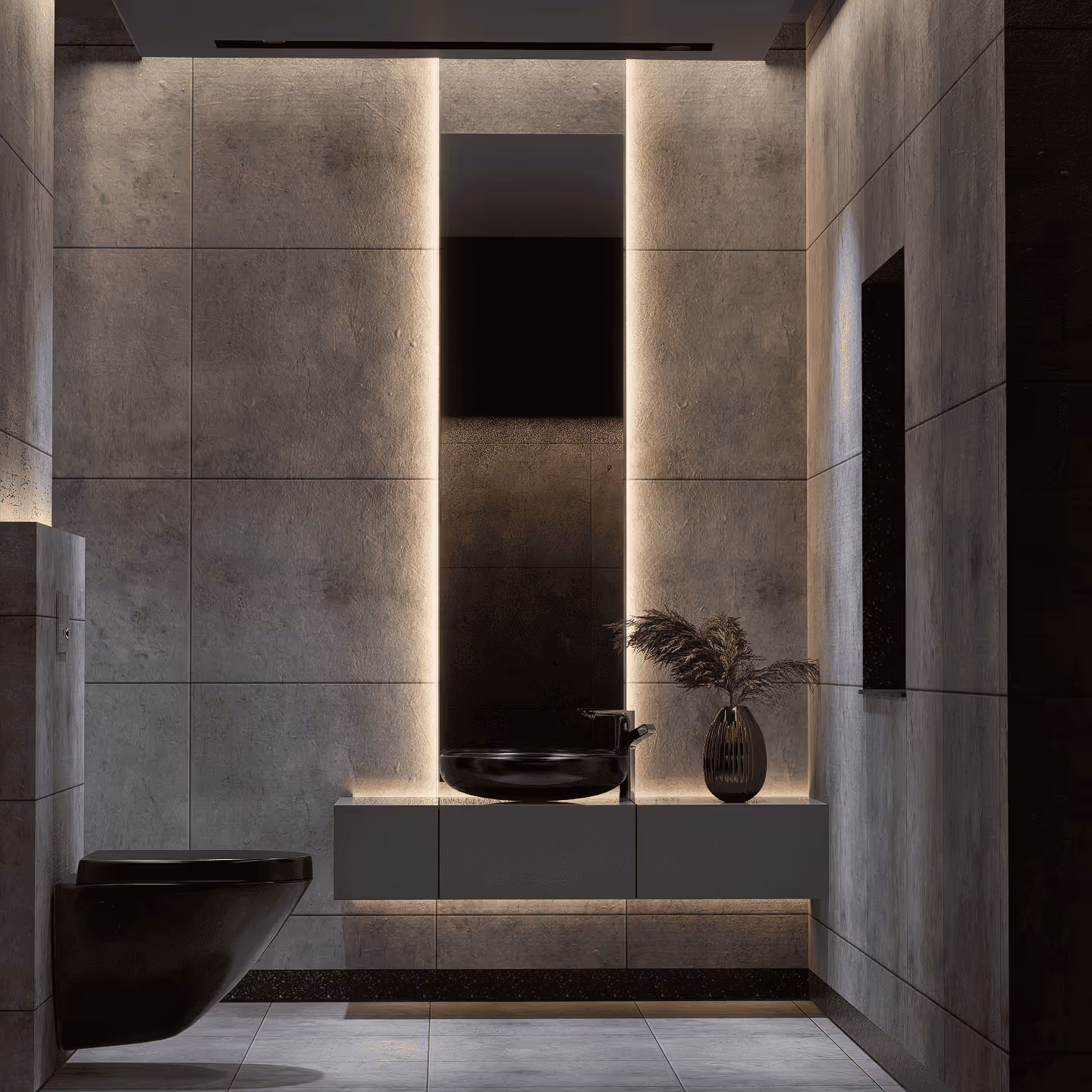 Modern bathroom with dark floating toilet, wall-mounted sink, accent lighting, and a decorative vase with dried plants.