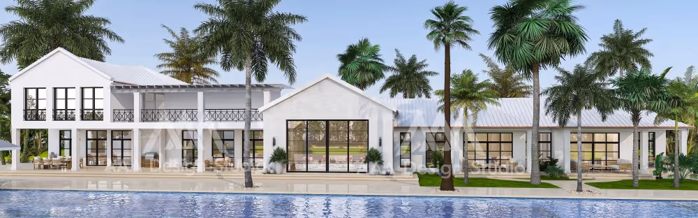 Modern two-story white house with large glass windows, surrounded by palm trees and a swimming pool in front.