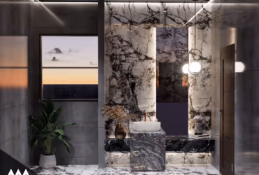 Modern bathroom with dark marble walls, illuminated mirror, floating sink on marble pedestal, and potted plant near window.