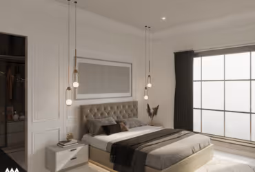 Modern bedroom with a tufted headboard bed, hanging pendant lights, and a large window with dark curtains.