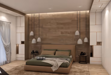 Modern bedroom with a low platform bed, green bedding, wooden accent wall, hanging pendant lights, and bedside tables with decor.