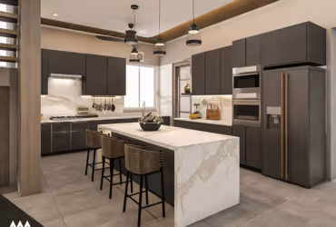 Modern kitchen with a large marble island, three bar stools, dark cabinetry, stainless steel appliances, and pendant lighting.