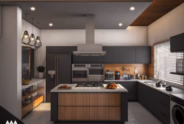 Modern kitchen with wooden island, gray cabinets, stainless steel appliances, and pendant lights.
