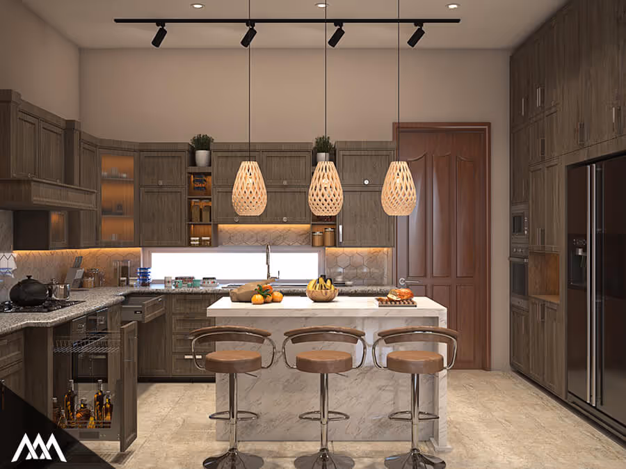 Modern kitchen with dark wood cabinets, a marble island with three bar stools, pendant lights, and stainless steel appliances.