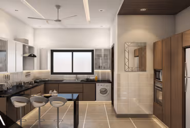Modern kitchen with brown cabinets, black countertop, three bar stools, and a window above the sink.