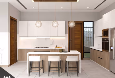 Modern kitchen with white and wood cabinets, marble backsplash, central island with three stools, and three pendant lights.