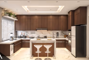 Modern kitchen with dark wood cabinets, marble countertops, a central island with two white bar stools, and stainless steel appliances.
