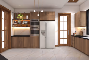 Modern kitchen with wooden cabinets, double-door refrigerator, built-in oven, and pendant lights over the counter.