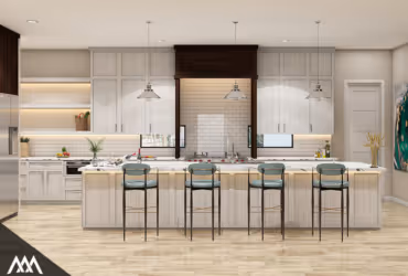 Modern kitchen with a large island featuring four high stools, white cabinets, and pendant lights above.