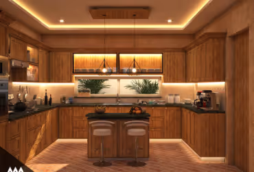 Modern kitchen with wooden cabinets, an island with two stools, pendant lights, and under-cabinet lighting.