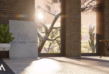 Sunlight shining through large windows onto a modern interior with brick columns, green plants, and a stone sign reading 'AAA Design Studio'.