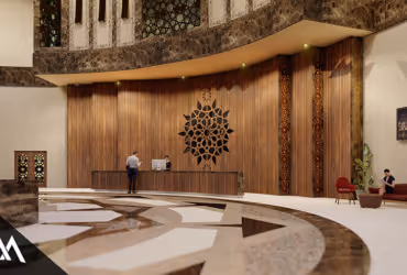 Spacious hotel lobby with marble floor, wooden reception desk, and decorative wall art.