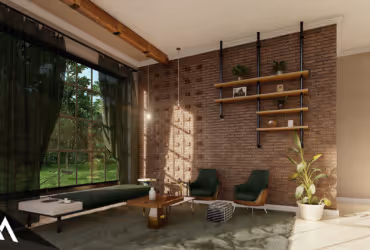 Modern living room with exposed brick wall, large window with green curtains, two green chairs, wooden shelves, and a coffee table with decor.