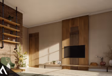 Modern living room with wooden TV panel, wall-mounted flat screen, potted plants, and sunlight casting shadows on the wall.