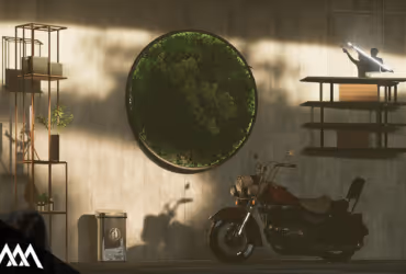 Motorcycle parked inside a room with concrete walls, featuring a round green moss wall decoration and shelves with boxes and plants.
