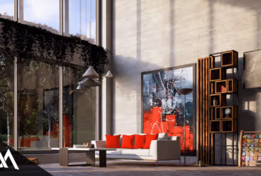 Modern living room with a large beige sofa with red cushions, a black coffee table, abstract wall art, and tall windows letting in natural light.