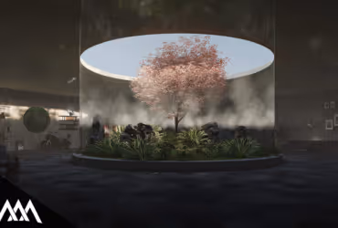Cherry blossom tree surrounded by plants inside a circular skylight in a dimly lit modern indoor space.