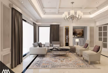 Modern living room with beige sofas, armchairs, patterned rug, and chandelier under a coffered ceiling.