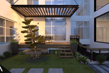 Modern outdoor patio with wooden pergola, tiered bonsai tree, and green lawn surrounded by plants.