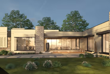 Modern single-story house exterior with large glass windows, stone pillar, and landscaped lawn under a clear sky.