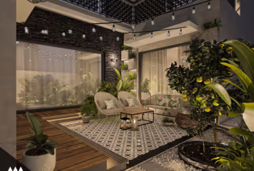 Cozy outdoor patio with cushioned wicker chairs, patterned rug, potted plants, and string lights at dusk.