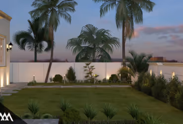 Well-lit backyard garden at dusk with palm trees, manicured lawn, bushes, and exterior wall lights.