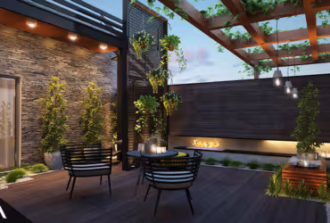 Modern outdoor patio with wooden decking, black metal chairs around a round table, hanging plants on a pergola, and a stone wall with vertical garden and ambient lighting.